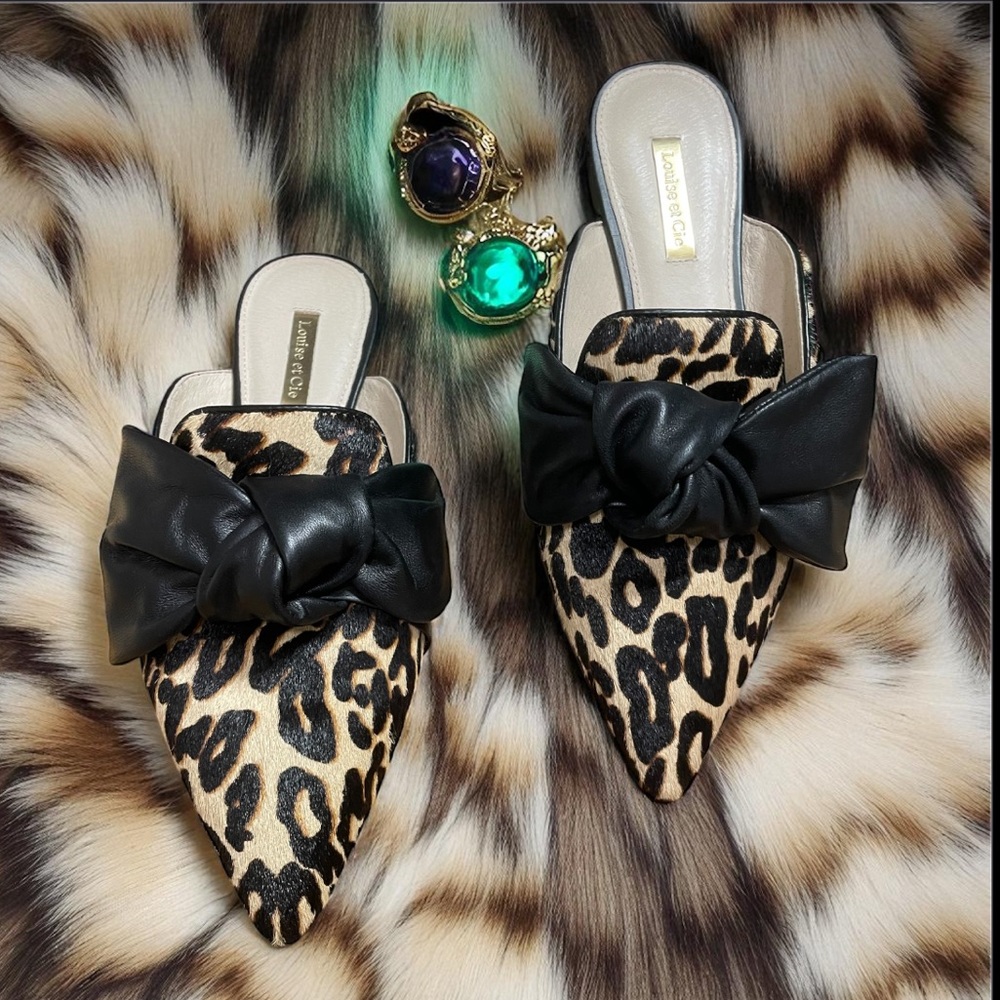 Louise et Cie Leopard Print Calf, Pointed Toe, Leather Bow, Slip-On Mule  size 8